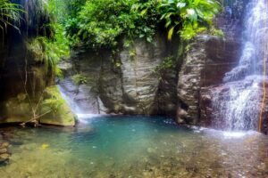 Vasque turquoise et cascades en forêt tropicale, canyon du Bois Malaisé (Bouillante)